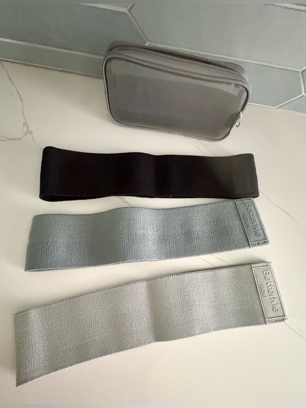 BetterMe Fabric Fitness Loop Resistance Gray Bands Light, Medium, Heavy & Pouch